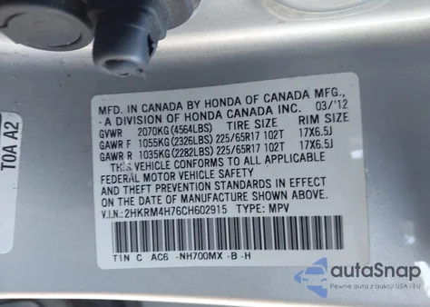 2012 Honda Cr-V Ex-L из США, поврежденный, VIN 2HKRM4H76CH602915